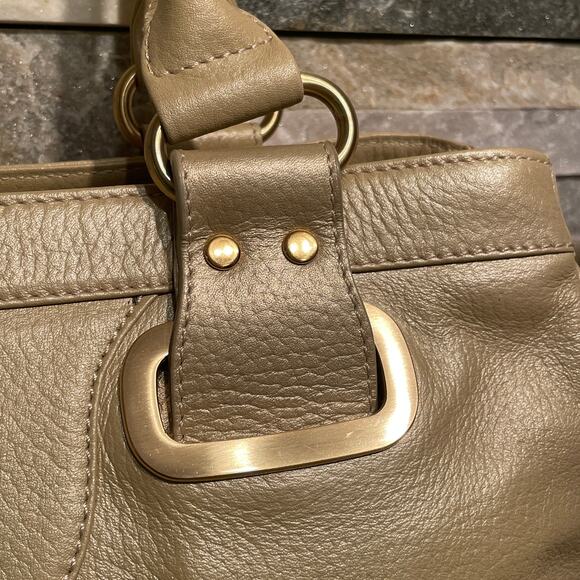 MAXX New York Pebbled Leather Satchel | Tan Neutral Gold Shoulder Leopard Tote - Picture 7 of 13